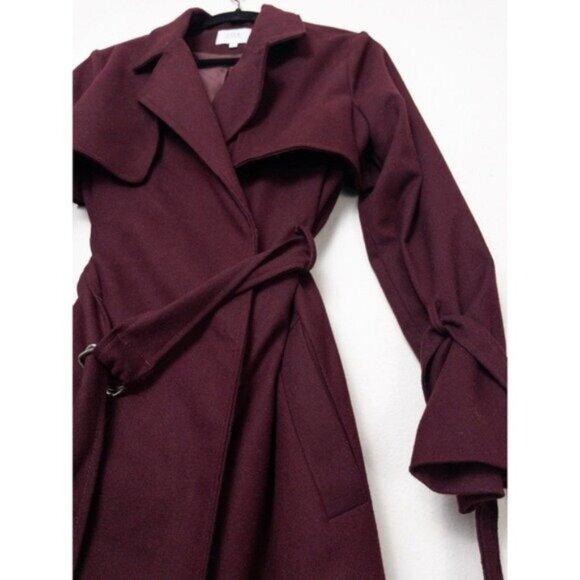NEW J.O.A Belted Trench Coat S Burgundy Maroon Tie Cuff Double Breasted Utility - Picture 7 of 12